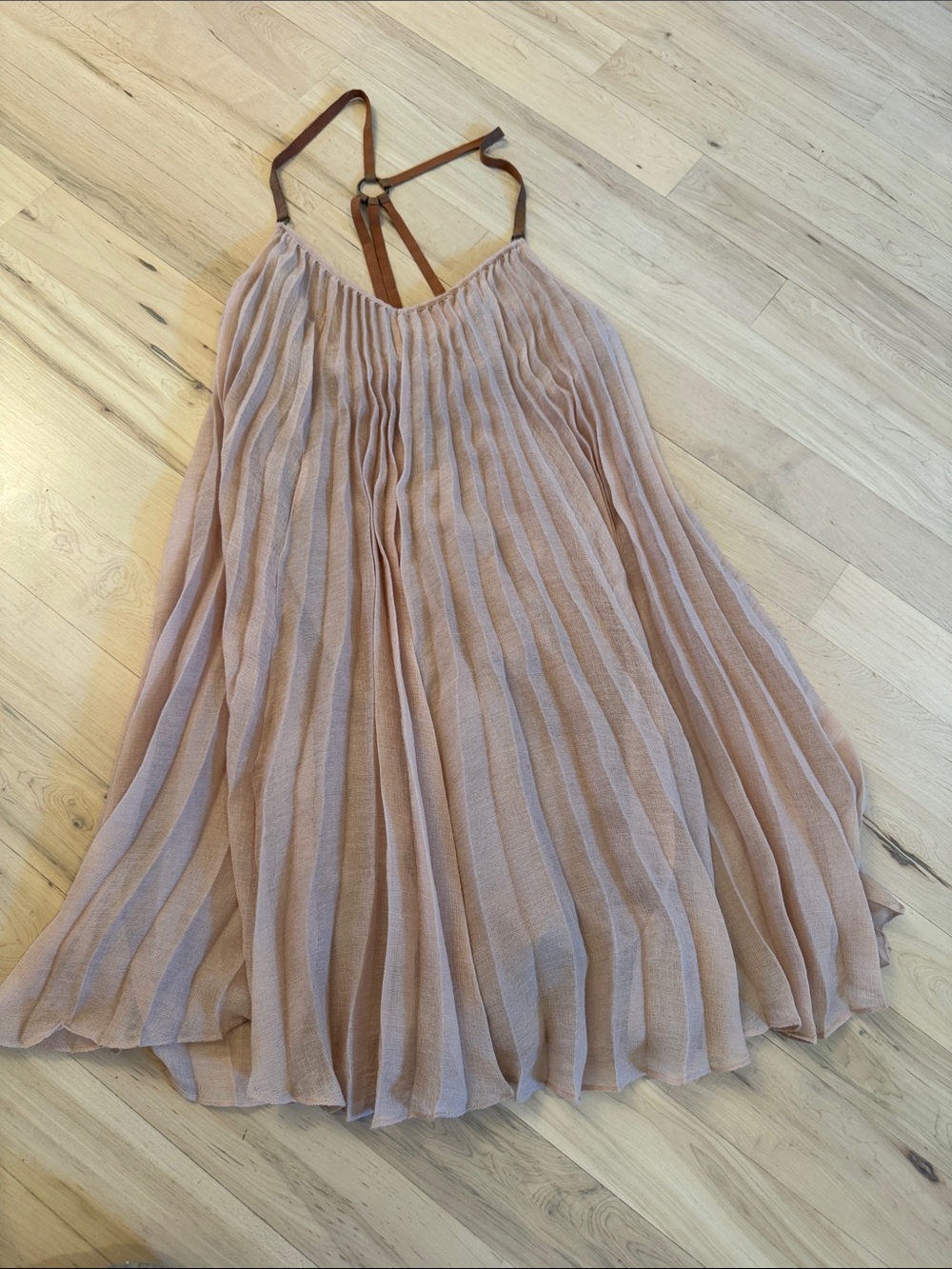 BCBGMaxAzria Blush Pink Pleated Mini Dress with Brown Straps